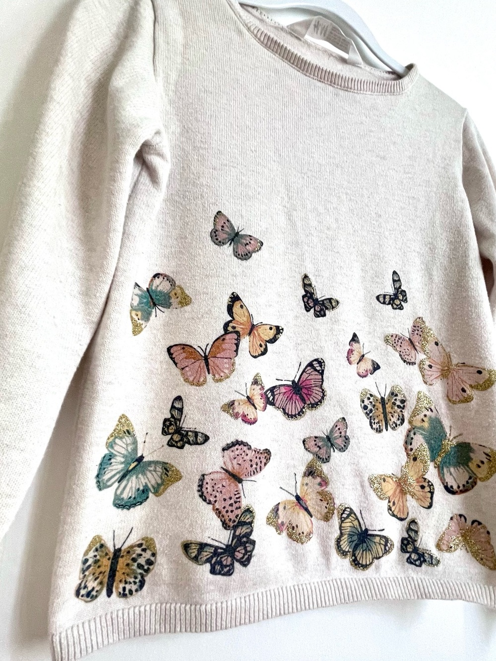 $7 💥Glitter Butterflies Fine Knit Sweater, Lightweight, Long Sleeve, Ecru & Pink